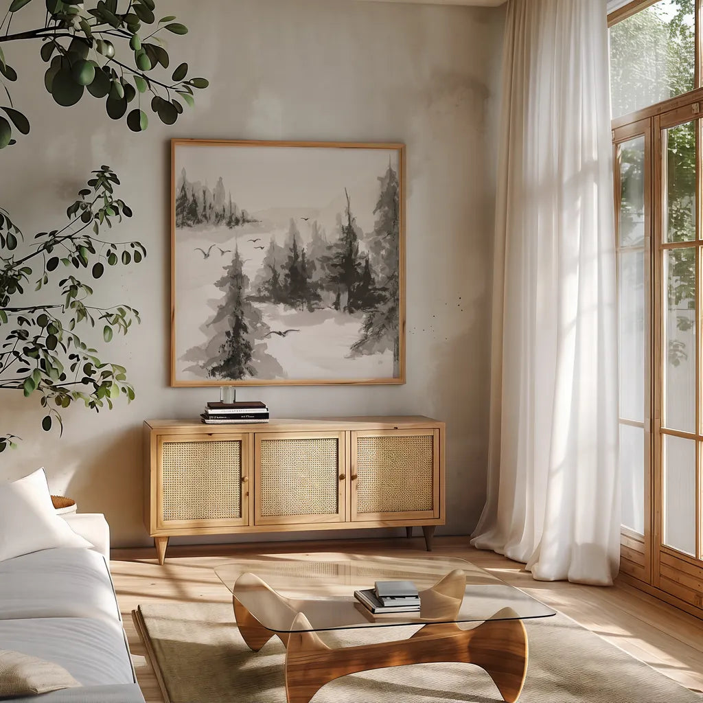 Free Flight IV by Chris Paschke. Shown in a natural wood frame in a cozy modern living room. Available as an archival giclee rolled canvas, fine art paper, or poster print. SKU 95453a.