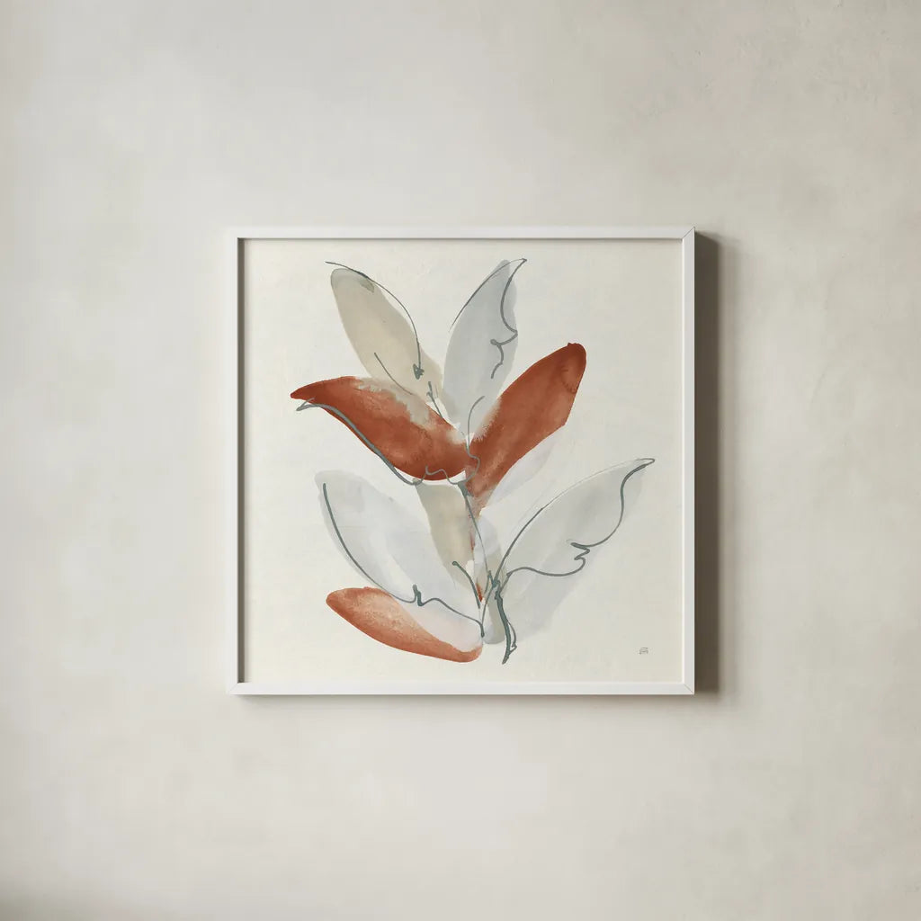 From the Forest II Rust by Chris Paschke. Shown in a crisp white glass frame for a clean and minimalist style. Available as an archival giclee rolled canvas, fine art paper, or poster print. SKU 80492a.