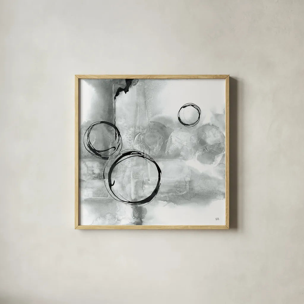 Full Circle I Gray by Chris Paschke. Shown in a natural wood glass frame for a timeless modern aesthetic. Available as an archival giclee rolled canvas, fine art paper, or poster print. SKU 22778a.