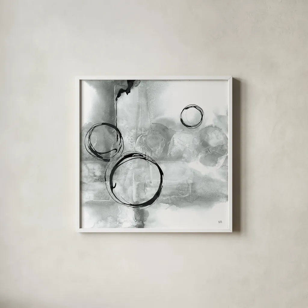 Full Circle I Gray by Chris Paschke. Shown in a crisp white glass frame for a clean and minimalist style. Available as an archival giclee rolled canvas, fine art paper, or poster print. SKU 22778a.