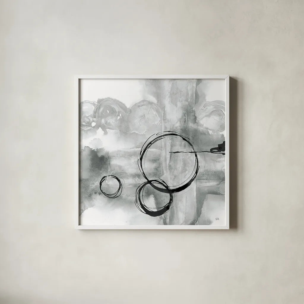 Full Circle II Gray by Chris Paschke. Shown in a crisp white glass frame for a clean and minimalist style. Available as an archival giclee rolled canvas, fine art paper, or poster print. SKU 22779a.
