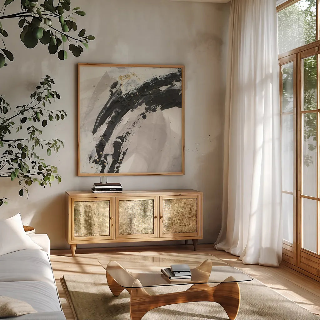 Galaxy I by Chris Paschke. Shown in a natural wood frame in a cozy modern living room. Available as an archival giclee rolled canvas, fine art paper, or poster print. SKU 31735a.