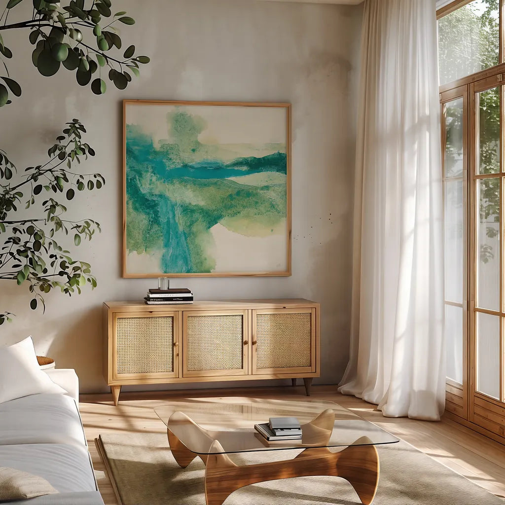 Gem Tones I by Chris Paschke. Shown in a natural wood frame in a cozy modern living room. Available as an archival giclee rolled canvas, fine art paper, or poster print. SKU 39622a.