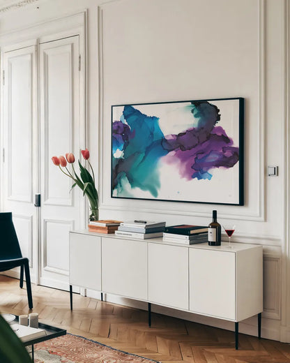 Gemstone by Chris Paschke. shown as a framed stretched canvas in a living room above a console. Available as a archival giclee rolled canvas, fine art paper, or poster print. SKU 65431i.