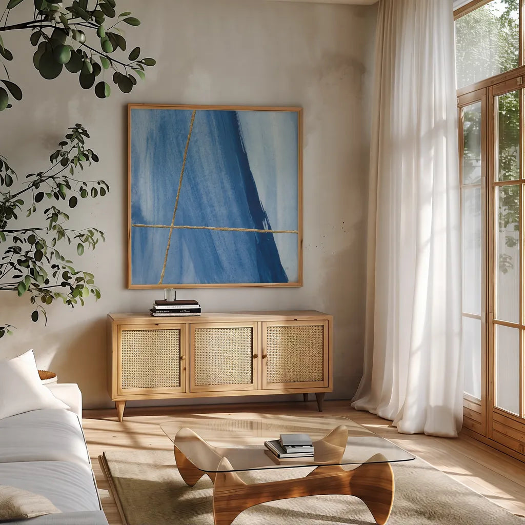 Geometrics I by Chris Paschke. Shown in a natural wood frame in a cozy modern living room. Available as an archival giclee rolled canvas, fine art paper, or poster print. SKU 68180a.