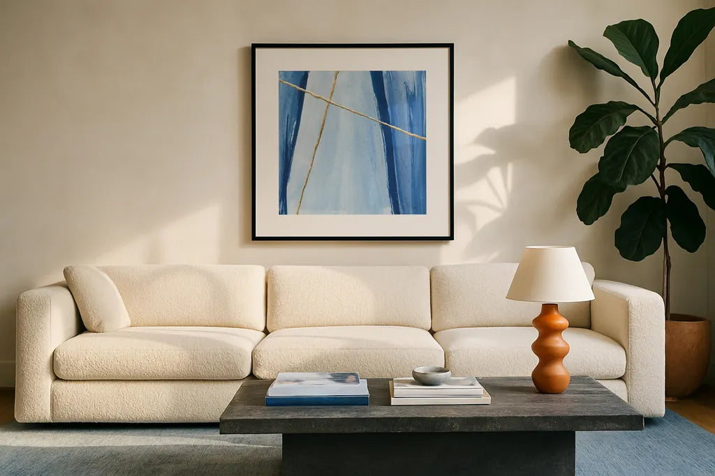 Geometrics III by Chris Paschke. Displayed in a glass frame with matte in a clean modern living room. Available as an archival giclee rolled canvas, fine art paper, or poster print. SKU 68182a.