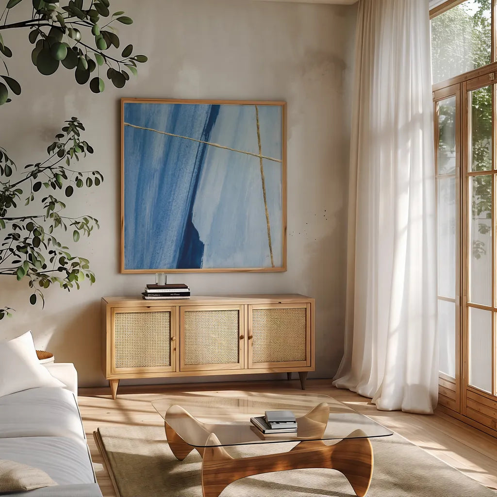 Geometrics V by Chris Paschke. Shown in a natural wood frame in a cozy modern living room. Available as an archival giclee rolled canvas, fine art paper, or poster print. SKU 68184a.