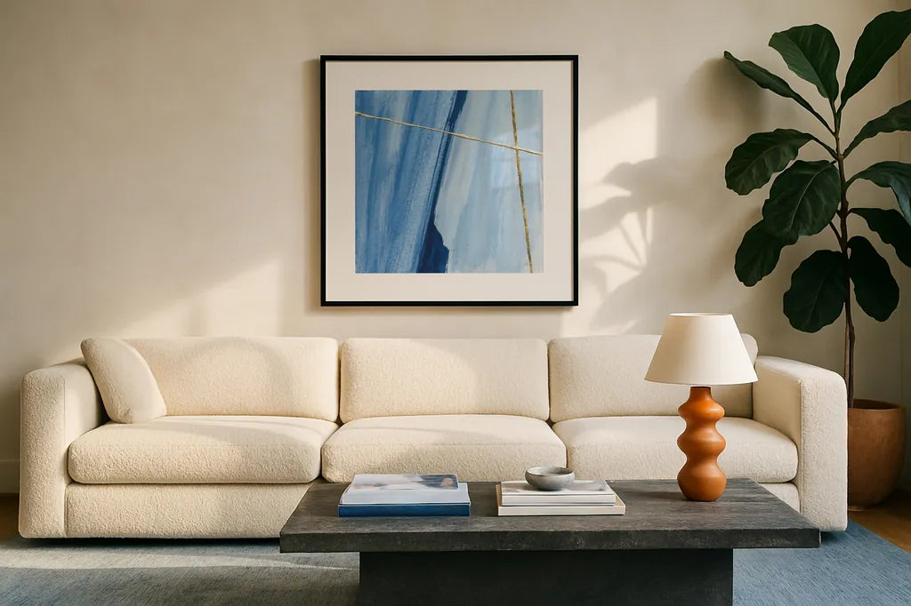 Geometrics V by Chris Paschke. Displayed in a glass frame with matte in a clean modern living room. Available as an archival giclee rolled canvas, fine art paper, or poster print. SKU 68184a.