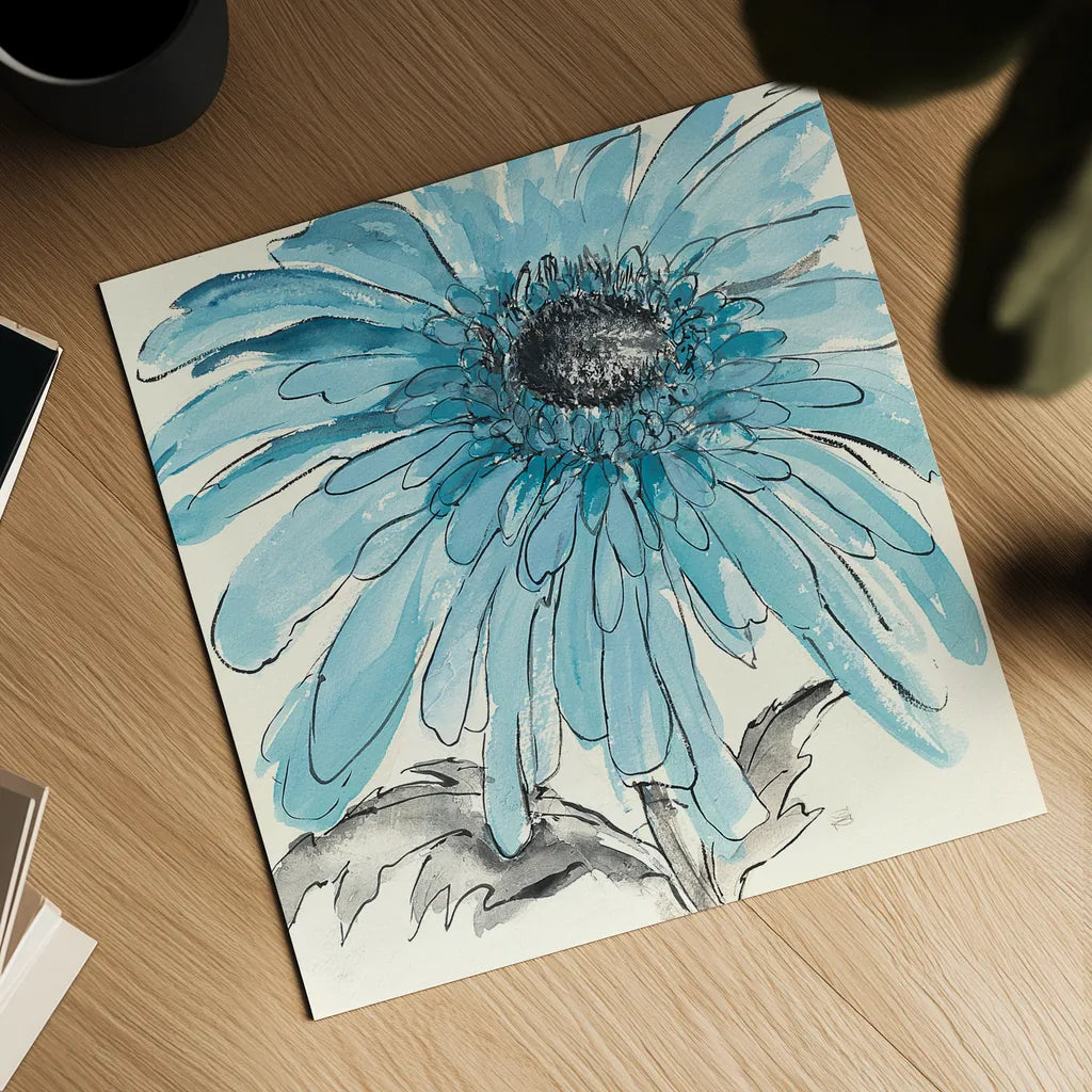 Gerbera Blue III by Chris Paschke. Shown as a detailed flat fine art print, highlighting archival giclee quality. Available as an archival giclee rolled canvas, fine art paper, or poster print. SKU 11092a.