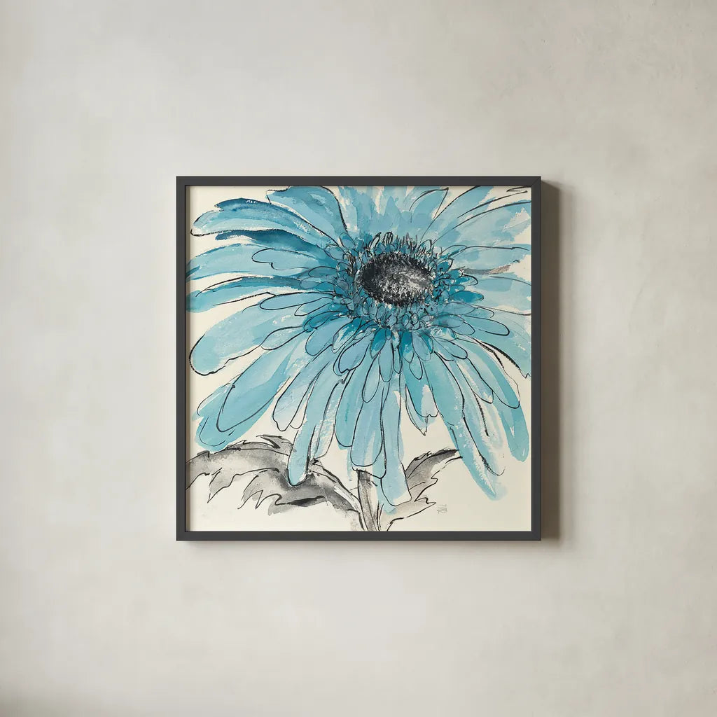 Gerbera Blue III by Chris Paschke. Shown in a sleek black glass frame for a contemporary gallery look. Available as an archival giclee rolled canvas, fine art paper, or poster print. SKU 11092a.