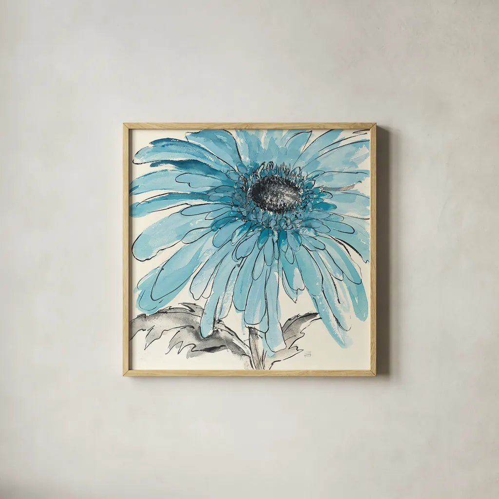 Gerbera Blue III by Chris Paschke. Shown in a natural wood glass frame for a timeless modern aesthetic. Available as an archival giclee rolled canvas, fine art paper, or poster print. SKU 11092a.