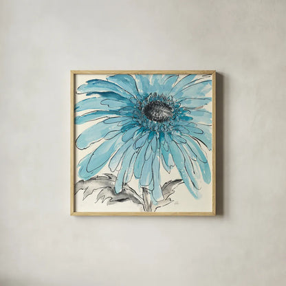 Gerbera Blue III by Chris Paschke. Shown in a natural wood glass frame for a timeless modern aesthetic. Available as an archival giclee rolled canvas, fine art paper, or poster print. SKU 11092a.