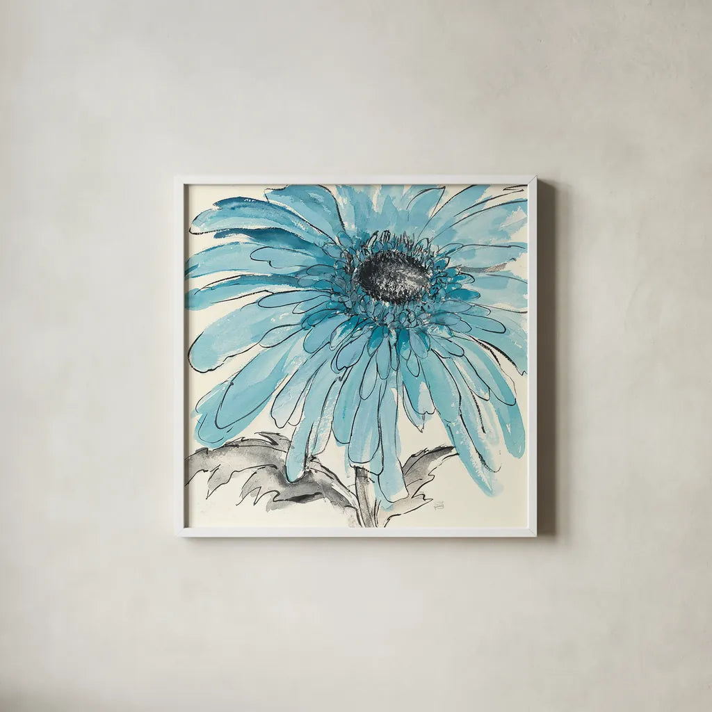 Gerbera Blue III by Chris Paschke. Shown in a crisp white glass frame for a clean and minimalist style. Available as an archival giclee rolled canvas, fine art paper, or poster print. SKU 11092a.
