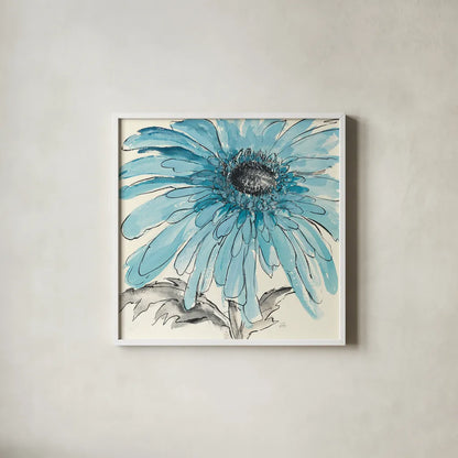 Gerbera Blue III by Chris Paschke. Shown in a crisp white glass frame for a clean and minimalist style. Available as an archival giclee rolled canvas, fine art paper, or poster print. SKU 11092a.