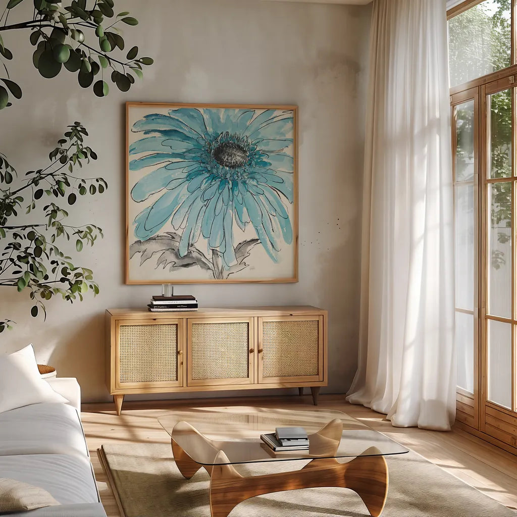 Gerbera Blue III by Chris Paschke. Shown in a natural wood frame in a cozy modern living room. Available as an archival giclee rolled canvas, fine art paper, or poster print. SKU 11092a.