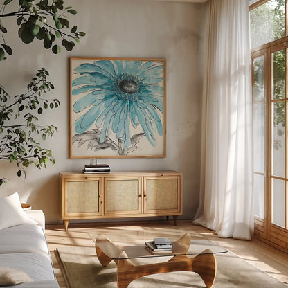Gerbera Blue III by Chris Paschke. Shown in a natural wood frame in a cozy modern living room. Available as an archival giclee rolled canvas, fine art paper, or poster print. SKU 11092a.