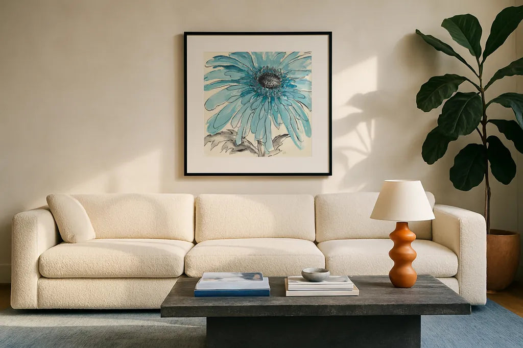 Gerbera Blue III by Chris Paschke. Displayed in a glass frame with matte in a clean modern living room. Available as an archival giclee rolled canvas, fine art paper, or poster print. SKU 11092a.