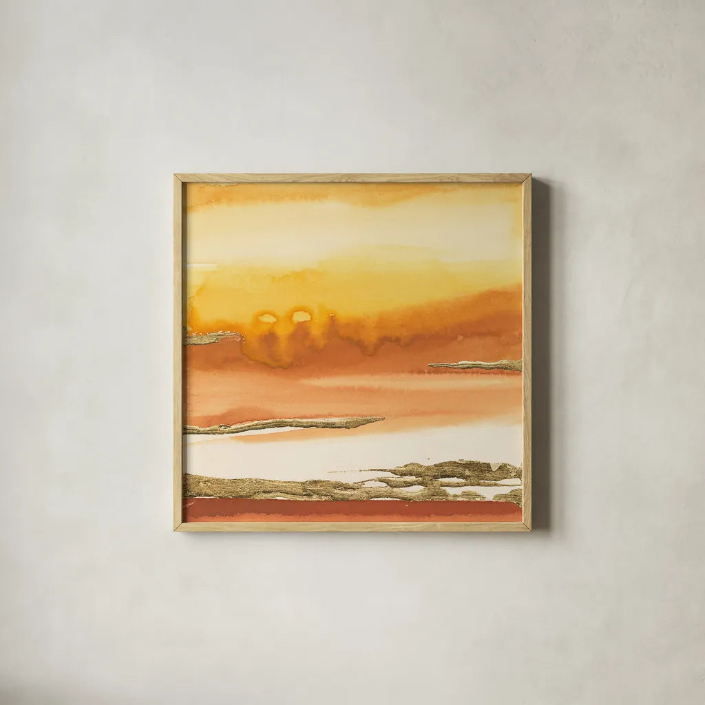Gilded Amber I by Chris Paschke. Shown in a natural wood glass frame for a timeless modern aesthetic. Available as an archival giclee rolled canvas, fine art paper, or poster print. SKU 26742a.