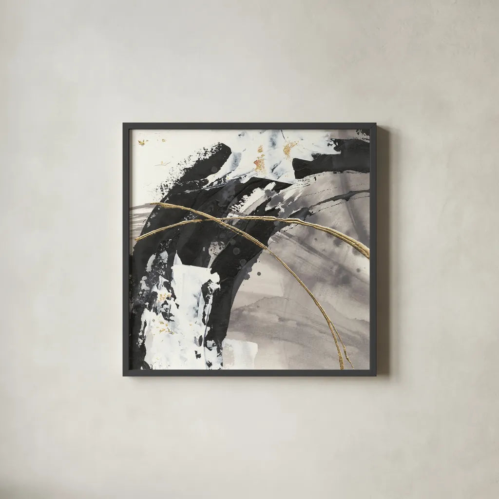 Gilded Arcs II by Chris Paschke. Shown in a sleek black glass frame for a contemporary gallery look. Available as an archival giclee rolled canvas, fine art paper, or poster print. SKU 31738a.