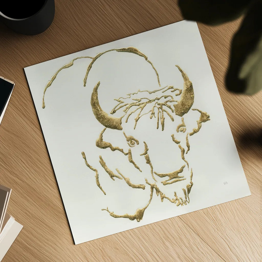 Gilded Bison by Chris Paschke. Shown as a detailed flat fine art print, highlighting archival giclee quality. Available as an archival giclee rolled canvas, fine art paper, or poster print. SKU 31827a.