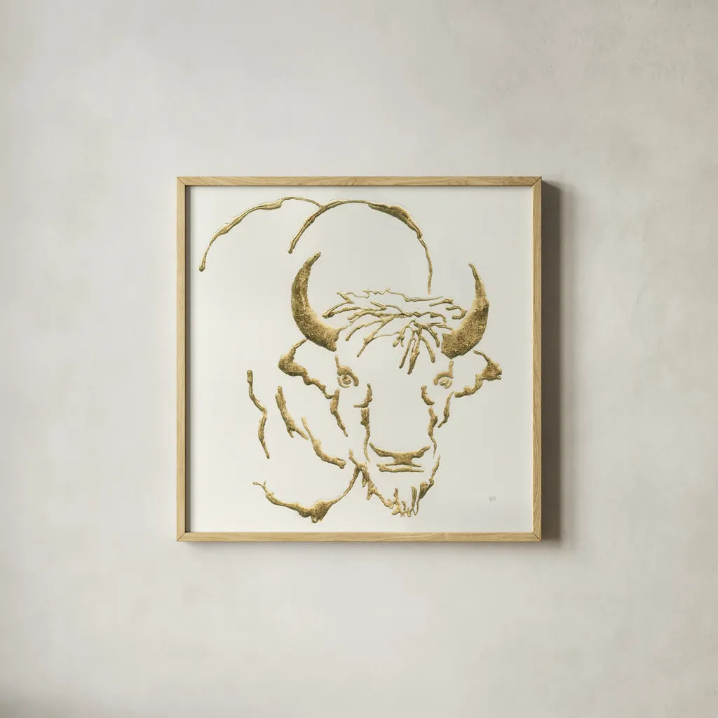 Gilded Bison by Chris Paschke. Shown in a natural wood glass frame for a timeless modern aesthetic. Available as an archival giclee rolled canvas, fine art paper, or poster print. SKU 31827a.