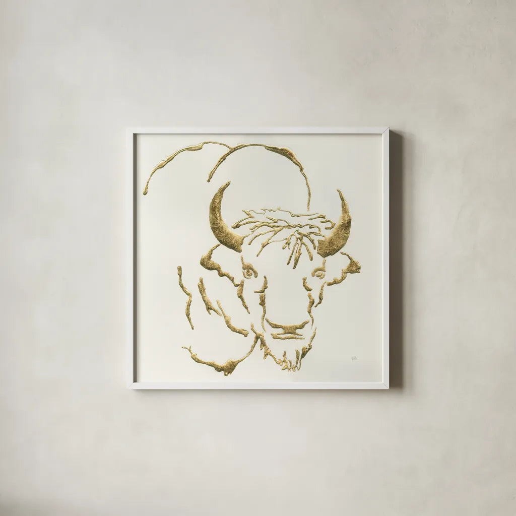 Gilded Bison by Chris Paschke. Shown in a crisp white glass frame for a clean and minimalist style. Available as an archival giclee rolled canvas, fine art paper, or poster print. SKU 31827a.