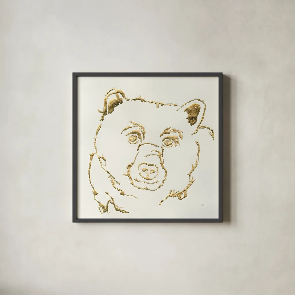 Gilded Black Bear by Chris Paschke. Shown in a sleek black glass frame for a contemporary gallery look. Available as an archival giclee rolled canvas, fine art paper, or poster print. SKU 31824a.