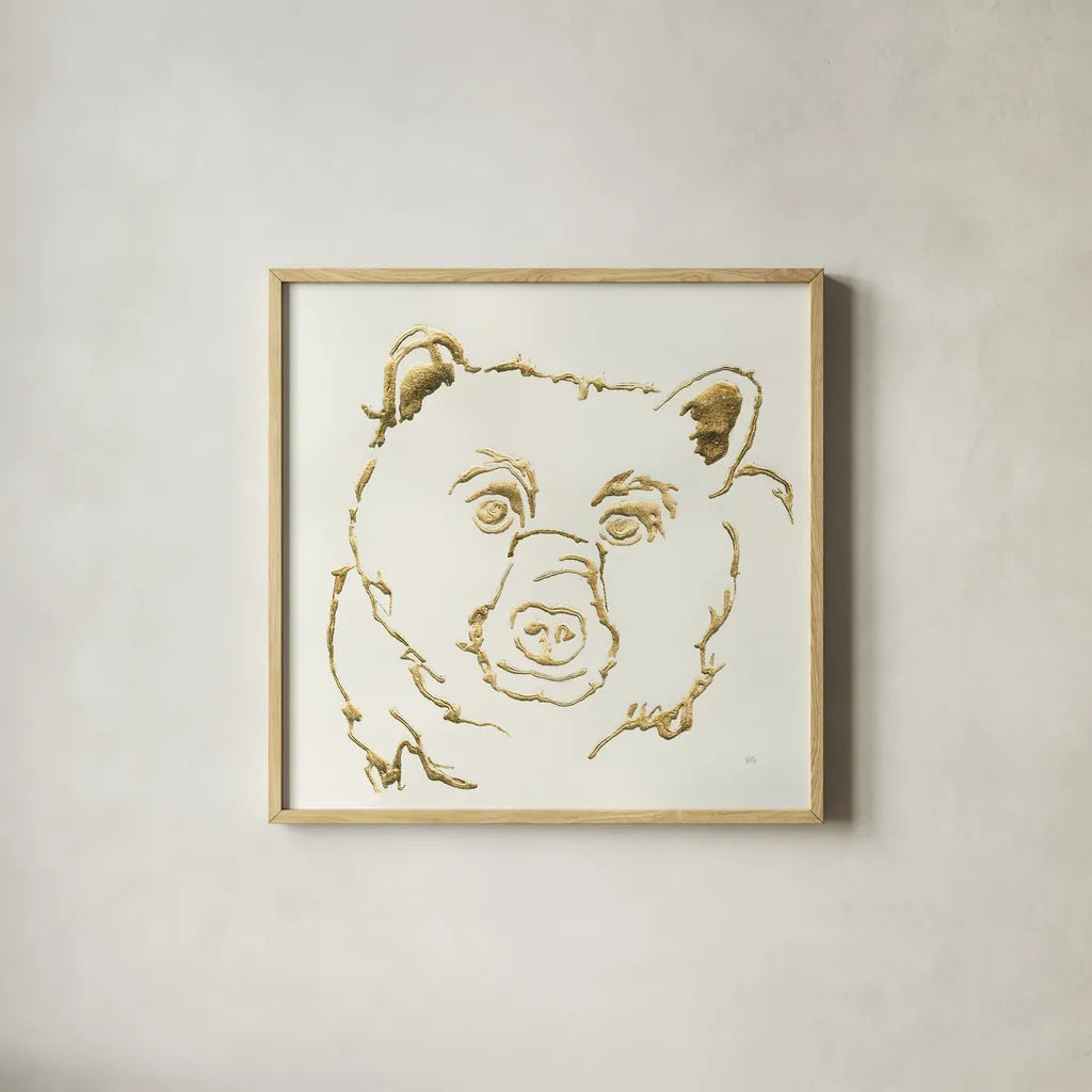 Gilded Black Bear by Chris Paschke. Shown in a natural wood glass frame for a timeless modern aesthetic. Available as an archival giclee rolled canvas, fine art paper, or poster print. SKU 31824a.