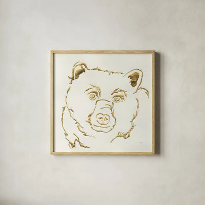 Gilded Black Bear by Chris Paschke. Shown in a natural wood glass frame for a timeless modern aesthetic. Available as an archival giclee rolled canvas, fine art paper, or poster print. SKU 31824a.
