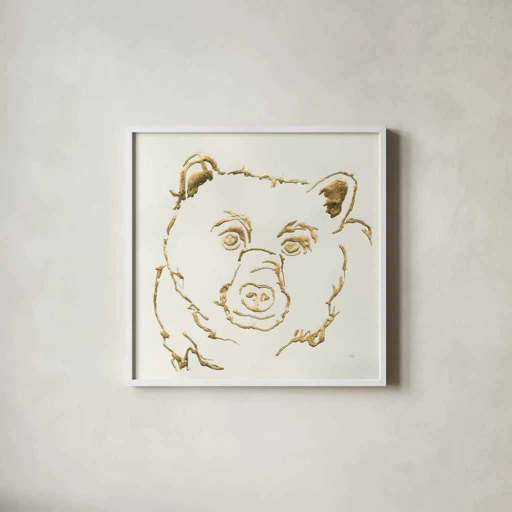 Gilded Black Bear by Chris Paschke. Shown in a crisp white glass frame for a clean and minimalist style. Available as an archival giclee rolled canvas, fine art paper, or poster print. SKU 31824a.