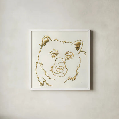 Gilded Black Bear by Chris Paschke. Shown in a crisp white glass frame for a clean and minimalist style. Available as an archival giclee rolled canvas, fine art paper, or poster print. SKU 31824a.