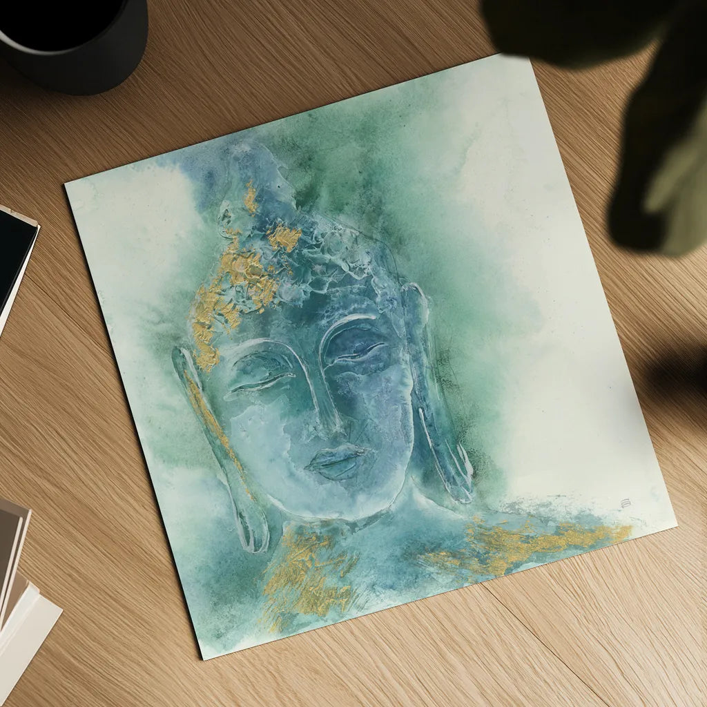 Gilded Buddha I by Chris Paschke. Shown as a detailed flat fine art print, highlighting archival giclee quality. Available as an archival giclee rolled canvas, fine art paper, or poster print. SKU 48024a.