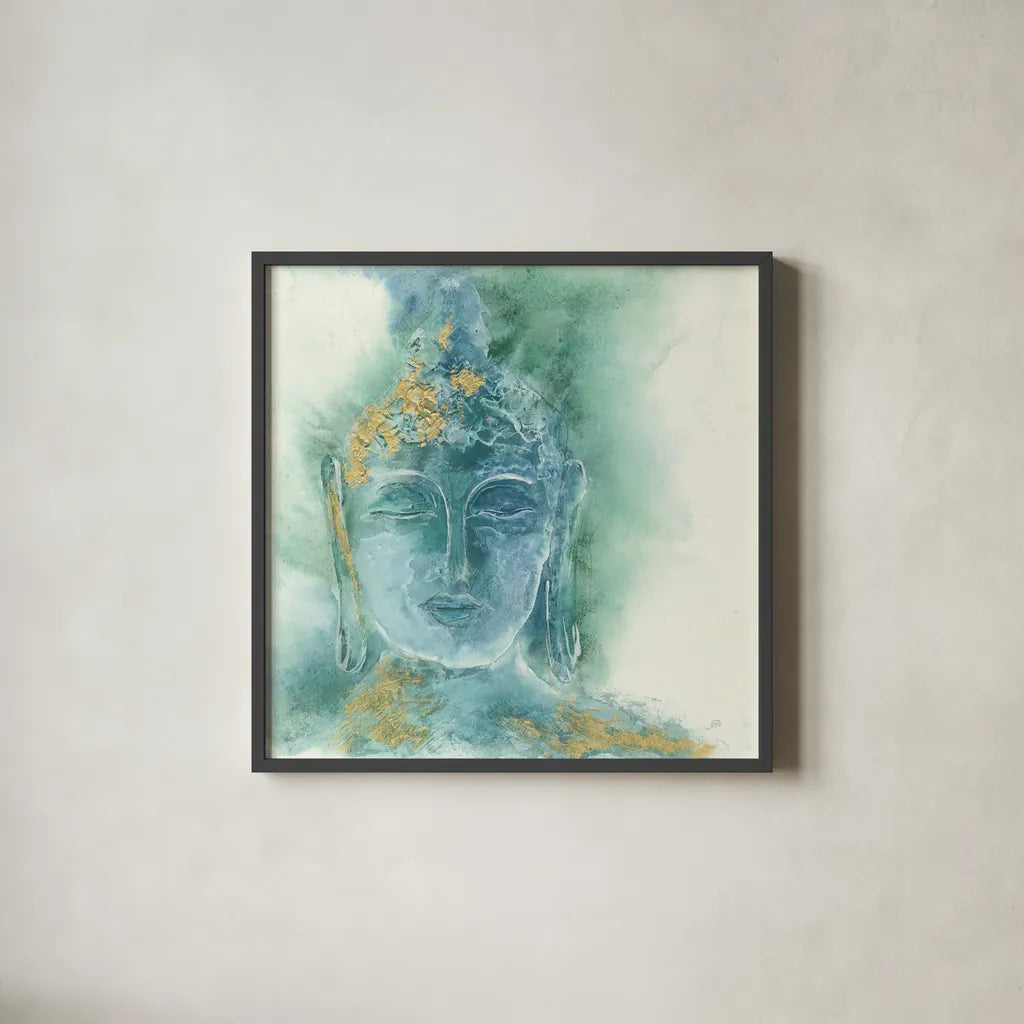 Gilded Buddha I by Chris Paschke. Shown in a sleek black glass frame for a contemporary gallery look. Available as an archival giclee rolled canvas, fine art paper, or poster print. SKU 48024a.
