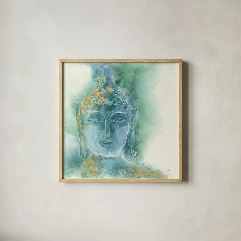 Gilded Buddha I by Chris Paschke. Shown in a natural wood glass frame for a timeless modern aesthetic. Available as an archival giclee rolled canvas, fine art paper, or poster print. SKU 48024a.