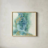 Gilded Buddha I by Chris Paschke. Shown in a natural wood glass frame for a timeless modern aesthetic. Available as an archival giclee rolled canvas, fine art paper, or poster print. SKU 48024a.