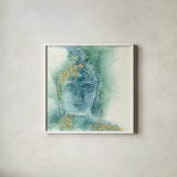 Gilded Buddha I by Chris Paschke. Shown in a crisp white glass frame for a clean and minimalist style. Available as an archival giclee rolled canvas, fine art paper, or poster print. SKU 48024a.