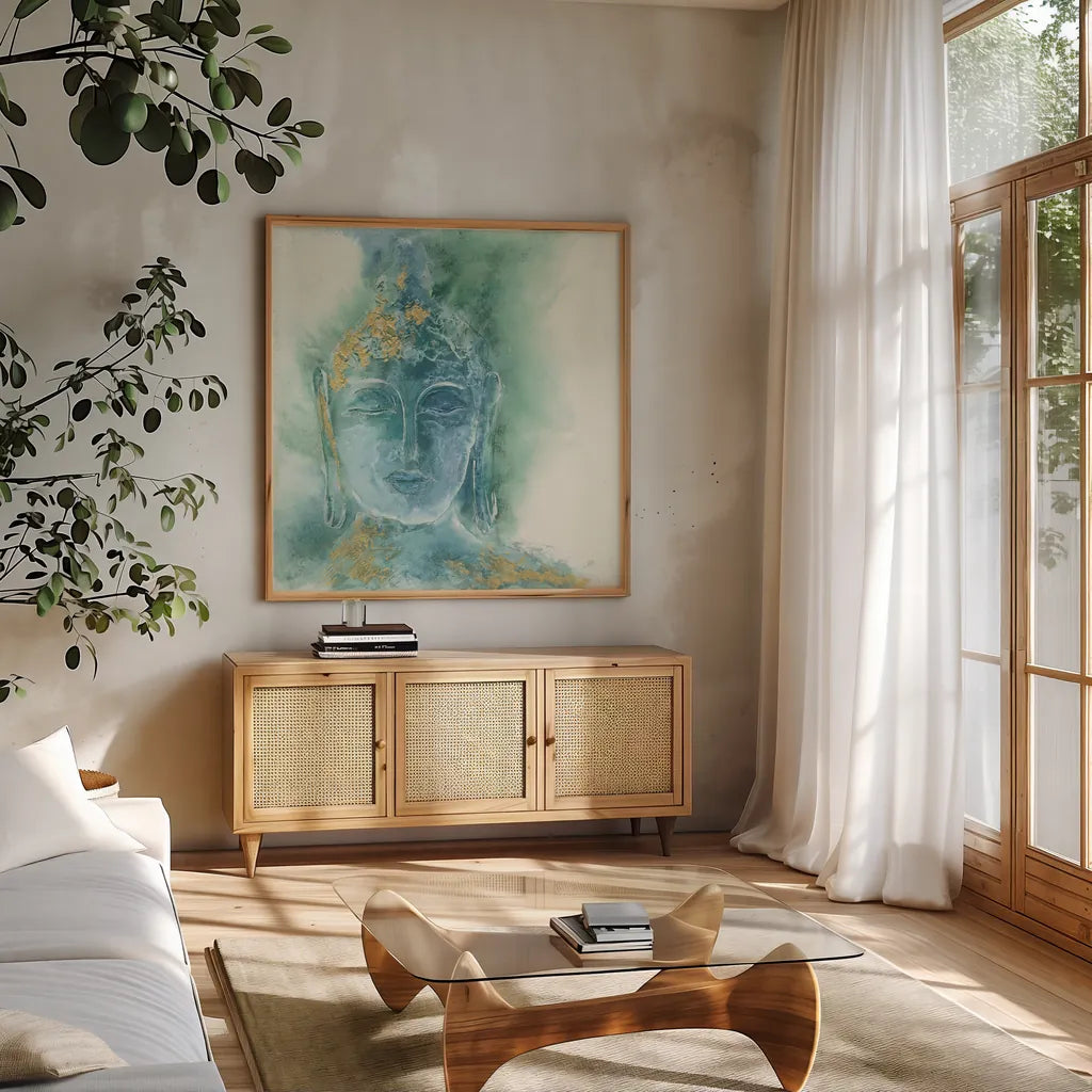 Gilded Buddha I by Chris Paschke. Shown in a natural wood frame in a cozy modern living room. Available as an archival giclee rolled canvas, fine art paper, or poster print. SKU 48024a.