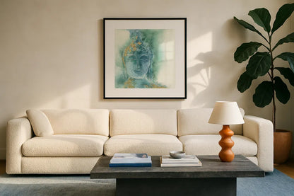 Gilded Buddha I by Chris Paschke. Displayed in a glass frame with matte in a clean modern living room. Available as an archival giclee rolled canvas, fine art paper, or poster print. SKU 48024a.
