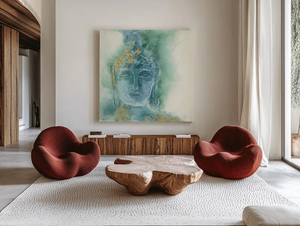 Gilded Buddha I by Chris Paschke. Shown as extra-large giant wall art in a modern living room. Available as an archival giclee rolled canvas, fine art paper, or poster print. SKU 48024a.
