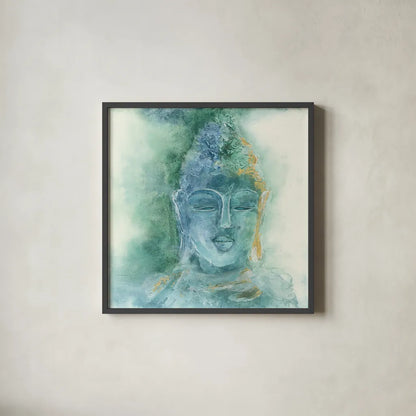 Gilded Buddha II by Chris Paschke. Shown in a sleek black glass frame for a contemporary gallery look. Available as an archival giclee rolled canvas, fine art paper, or poster print. SKU 48025a.