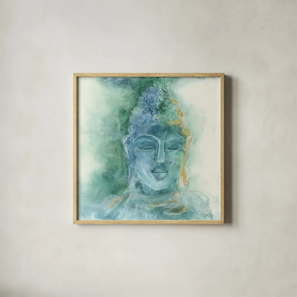 Gilded Buddha II by Chris Paschke. Shown in a natural wood glass frame for a timeless modern aesthetic. Available as an archival giclee rolled canvas, fine art paper, or poster print. SKU 48025a.