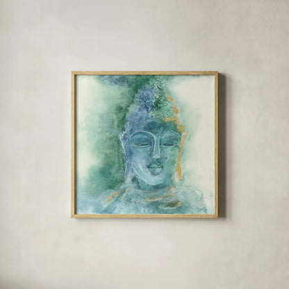 Gilded Buddha II by Chris Paschke. Shown in a natural wood glass frame for a timeless modern aesthetic. Available as an archival giclee rolled canvas, fine art paper, or poster print. SKU 48025a.