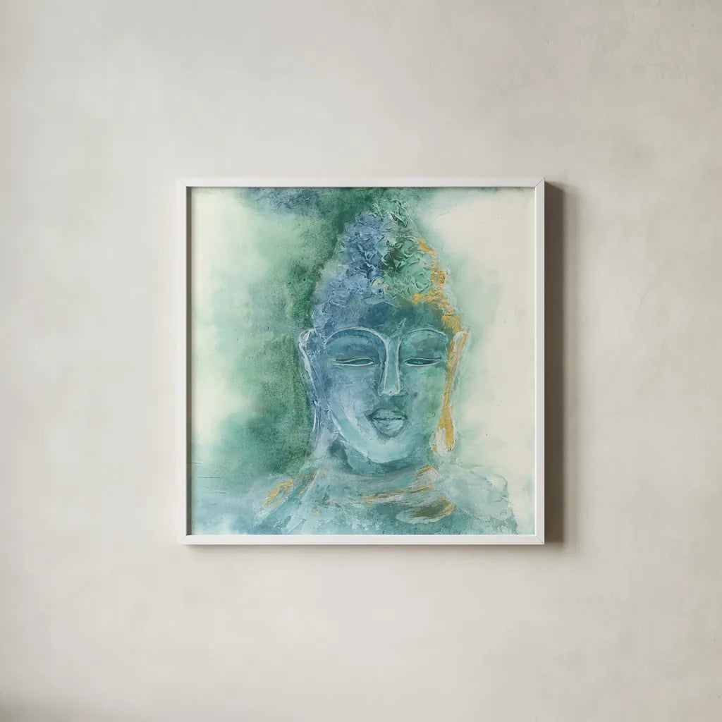 Gilded Buddha II by Chris Paschke. Shown in a crisp white glass frame for a clean and minimalist style. Available as an archival giclee rolled canvas, fine art paper, or poster print. SKU 48025a.