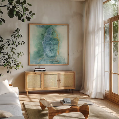 Gilded Buddha II by Chris Paschke. Shown in a natural wood frame in a cozy modern living room. Available as an archival giclee rolled canvas, fine art paper, or poster print. SKU 48025a.