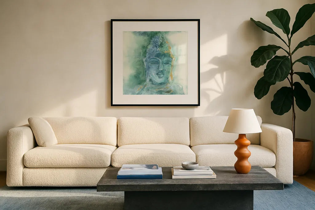 Gilded Buddha II by Chris Paschke. Displayed in a glass frame with matte in a clean modern living room. Available as an archival giclee rolled canvas, fine art paper, or poster print. SKU 48025a.