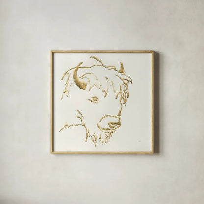 Gilded Buffalo by Chris Paschke. Shown in a natural wood glass frame for a timeless modern aesthetic. Available as an archival giclee rolled canvas, fine art paper, or poster print. SKU 31828a.