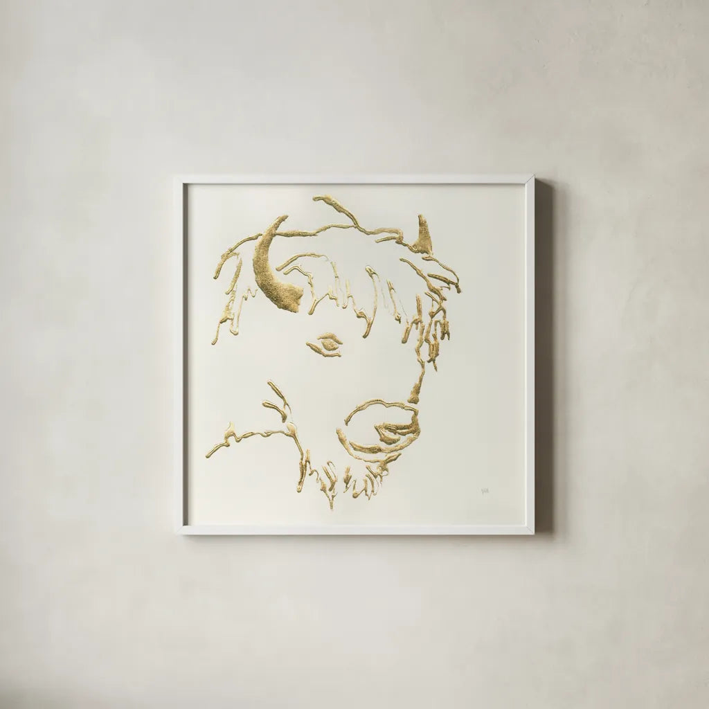Gilded Buffalo by Chris Paschke. Shown in a crisp white glass frame for a clean and minimalist style. Available as an archival giclee rolled canvas, fine art paper, or poster print. SKU 31828a.