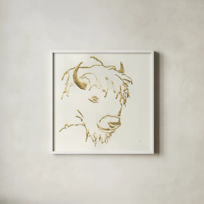 Gilded Buffalo by Chris Paschke. Shown in a crisp white glass frame for a clean and minimalist style. Available as an archival giclee rolled canvas, fine art paper, or poster print. SKU 31828a.