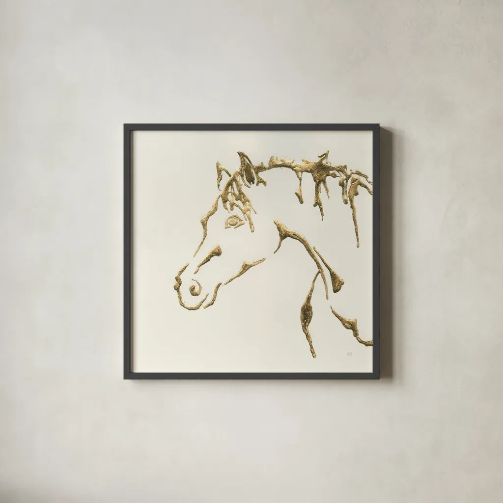 Gilded Cowpony by Chris Paschke. Shown in a sleek black glass frame for a contemporary gallery look. Available as an archival giclee rolled canvas, fine art paper, or poster print. SKU 31774a.