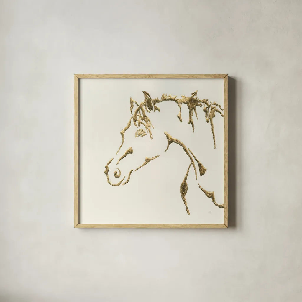 Gilded Cowpony by Chris Paschke. Shown in a natural wood glass frame for a timeless modern aesthetic. Available as an archival giclee rolled canvas, fine art paper, or poster print. SKU 31774a.